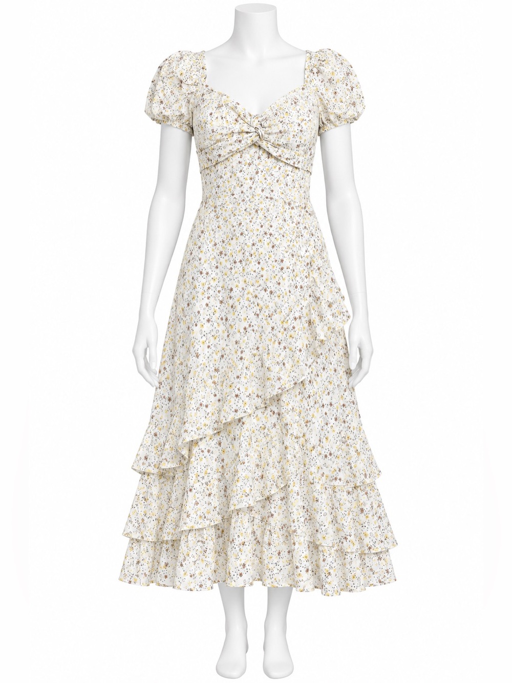 Only Cream Floral Puff-Sleeve Midi Dress